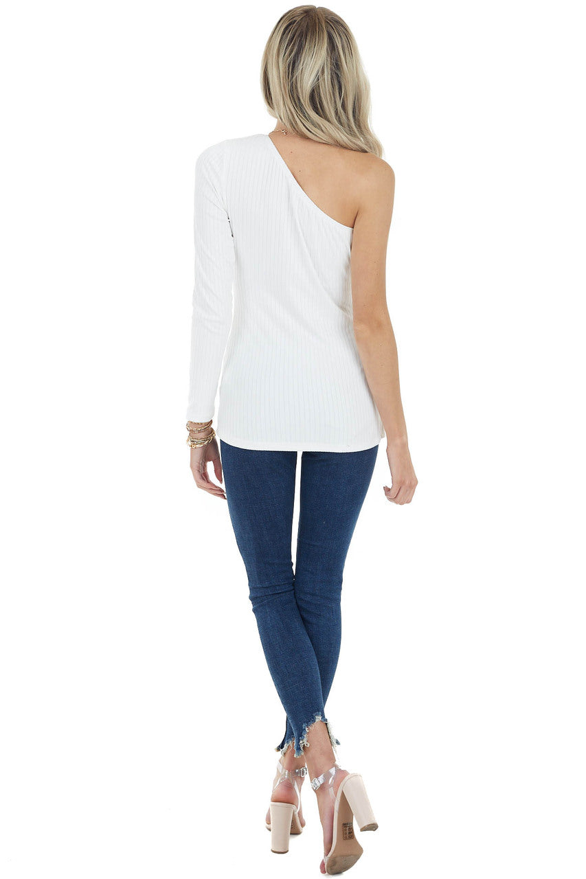Ivory Fitted Single Sleeve Stretchy Ribbed Knit Top