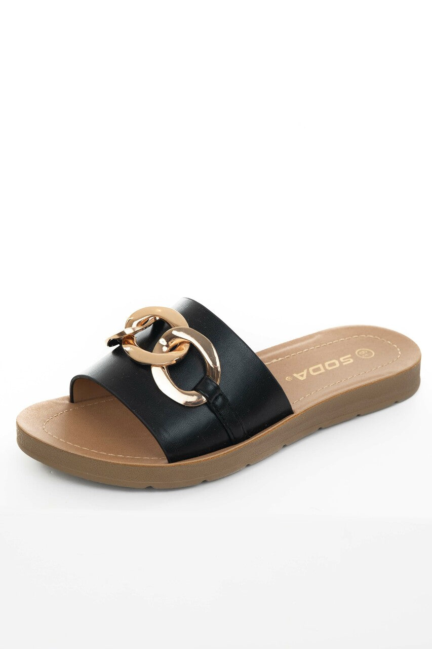 Black Pleather Band Sandals with Chain Detail
