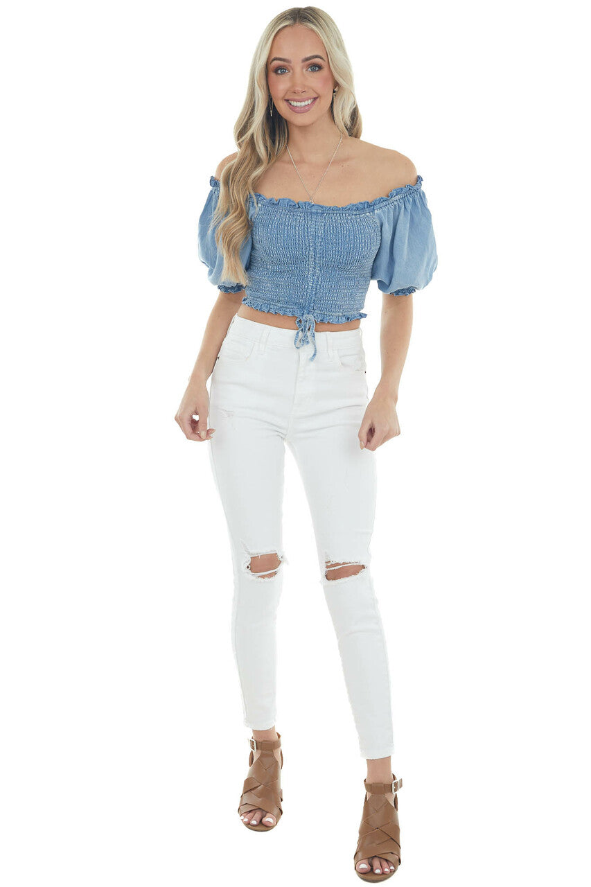 Light Wash Chambray Smocked Crop Top with Ruching Detail