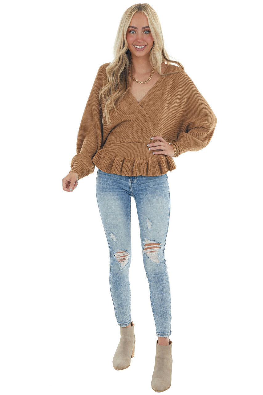 Brown Sugar Surplice Neckline Peplum Sweater 