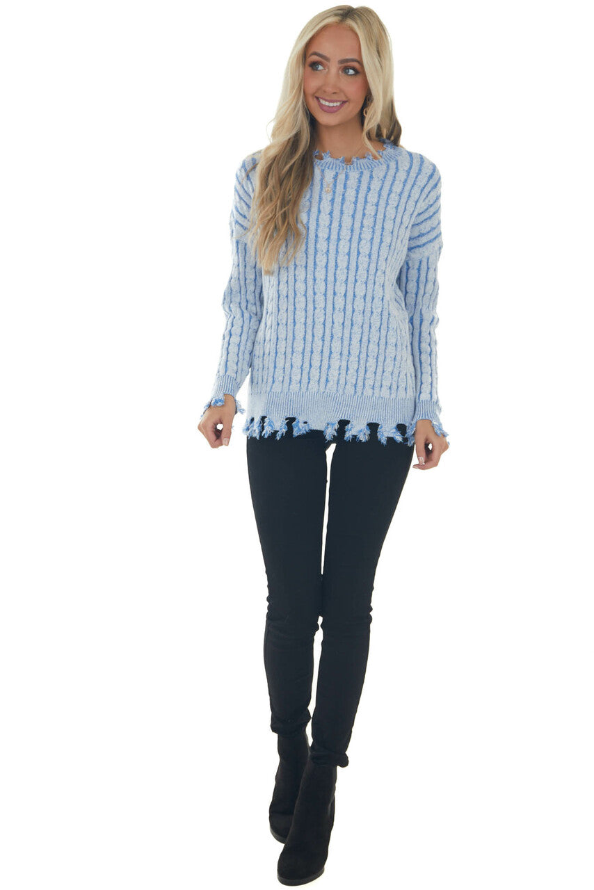 Blue Cable Knit Distressed Trim Sweater