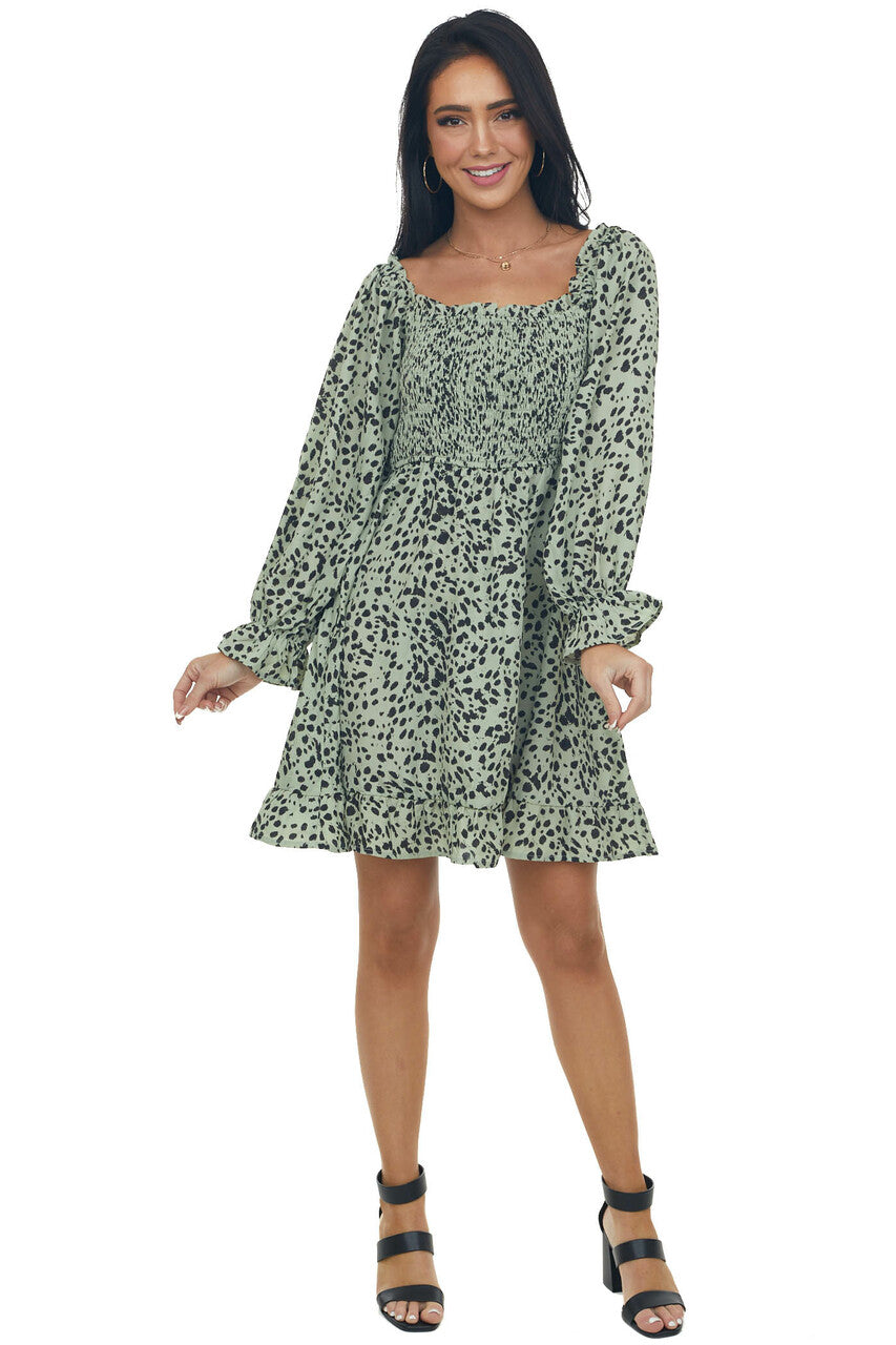 Sage Cheetah Smocked Off Shoulder Dress 
