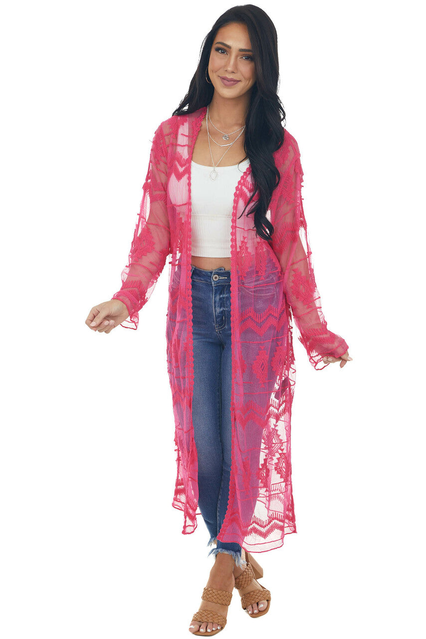 Hot Pink Tribal Lace Open Front Long Sleeve Kimono