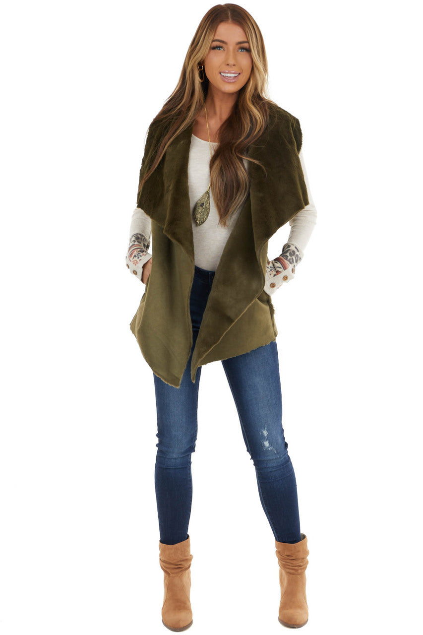 Olive Green Faux Suede Vest with Soft Faux Fur Lining
