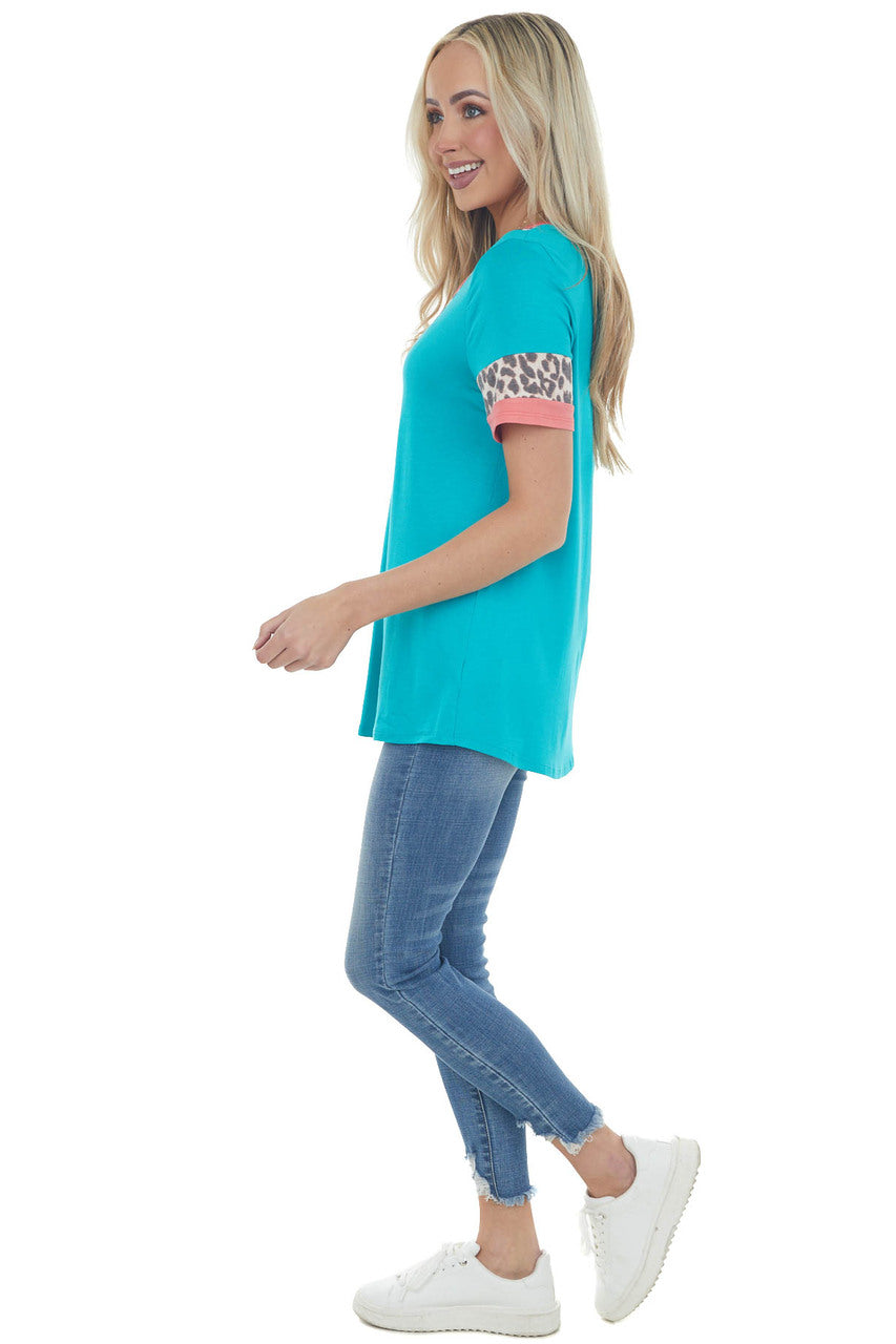Bright Teal Ringer V Neck Top with Leopard Print Contrast
