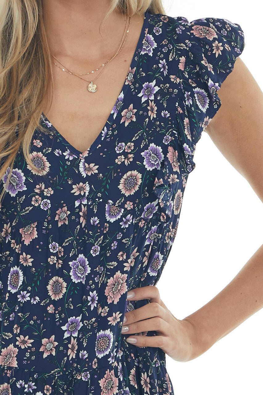 Navy Floral Print V Neck Tiered Short Dress