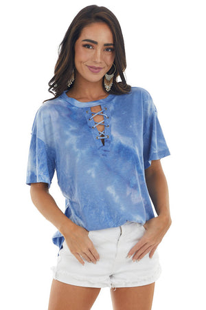 Cobalt Tie Dye Lace Up V Neck Short Sleeve Tee