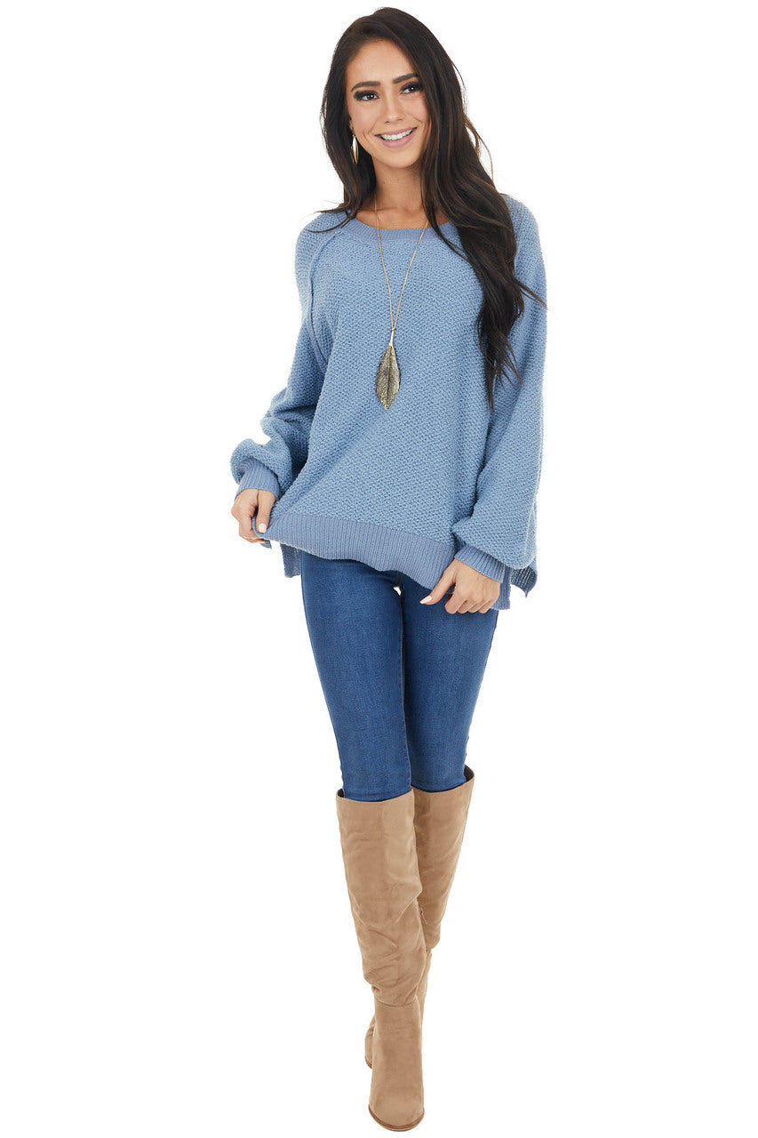 Dusty Blue Long Sleeve Lightweight Sweater with Raw Details
