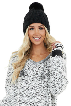 Black Chunky Soft Knit Beanie with Fuzzy Pom Pom Detail