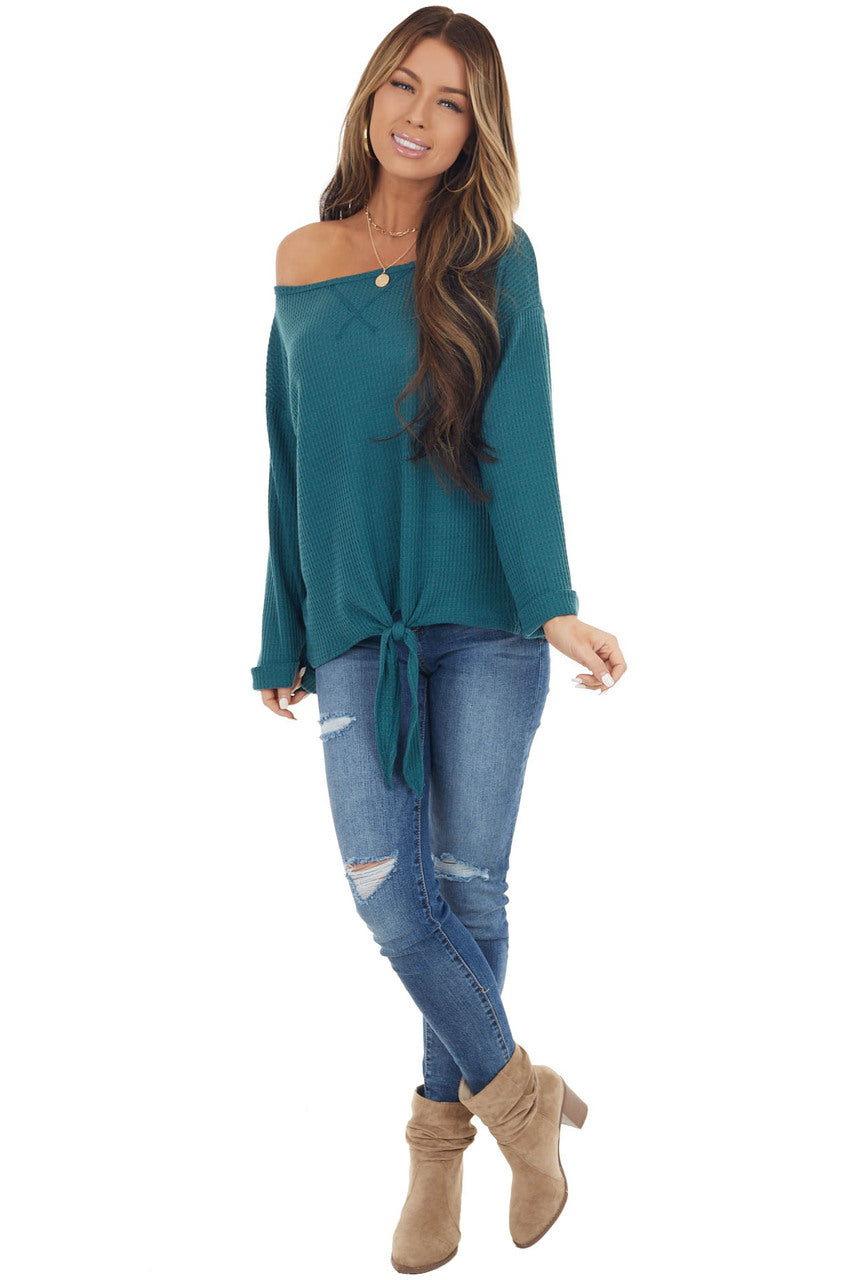 Pine Long Sleeve Waffle Knit Top with Front Tie Detail