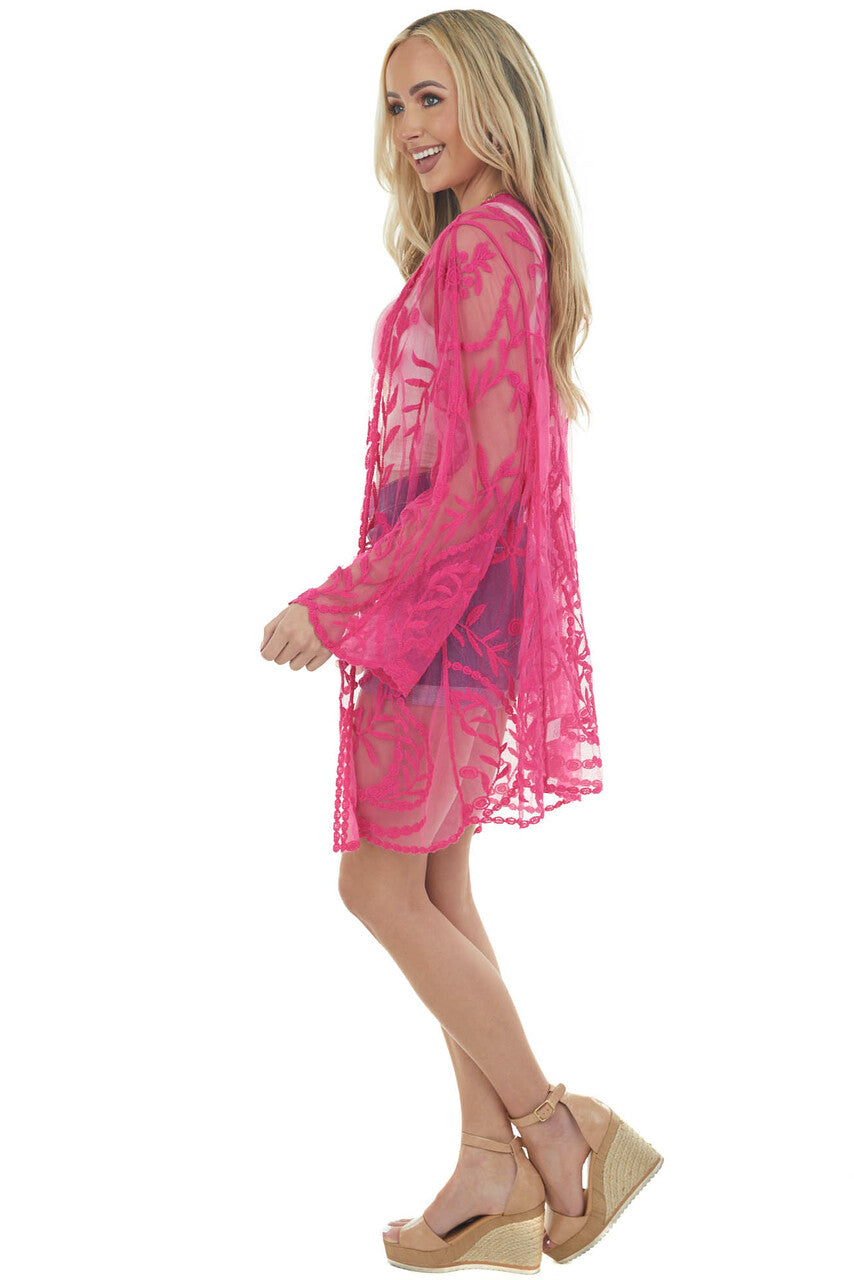 Fuchsia Crochet Lace Open Front Kimono 