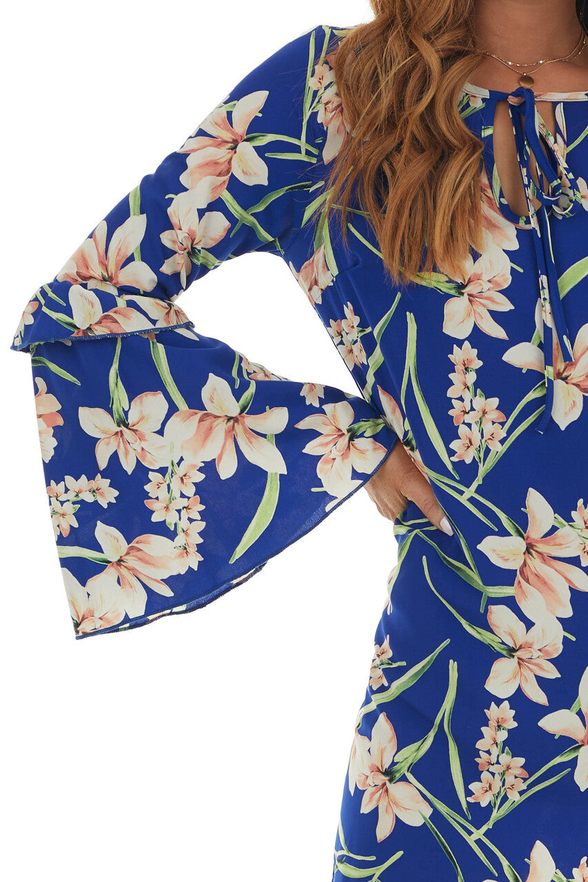 Royal Blue Floral Long Bell Sleeve Short Dress 