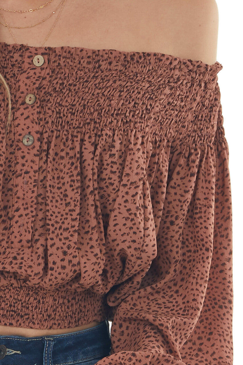 Chestnut Printed Smocked Off Shoulder Blouse