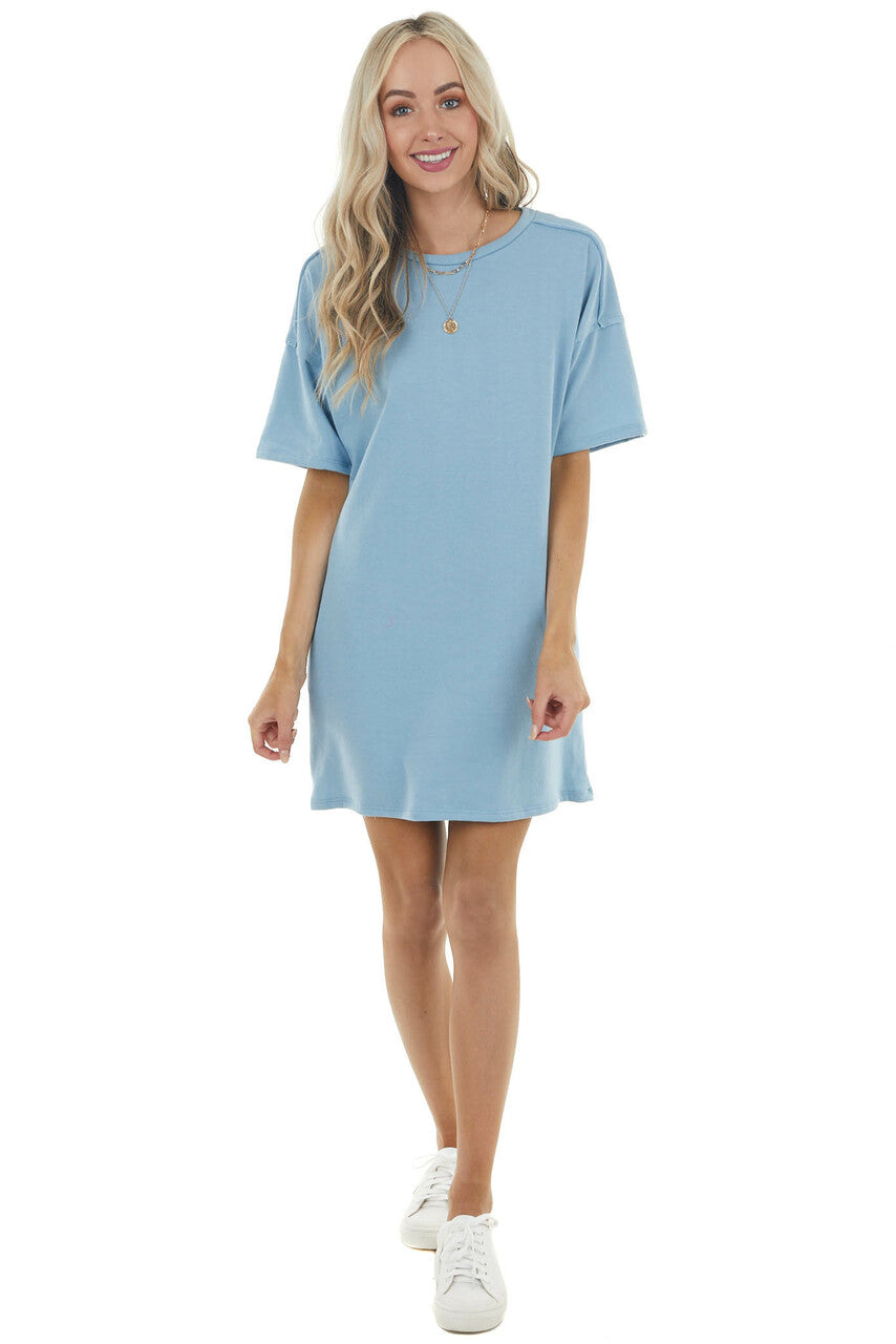 Powder Blue Dress with Side Pockets and Raw Seam Details 