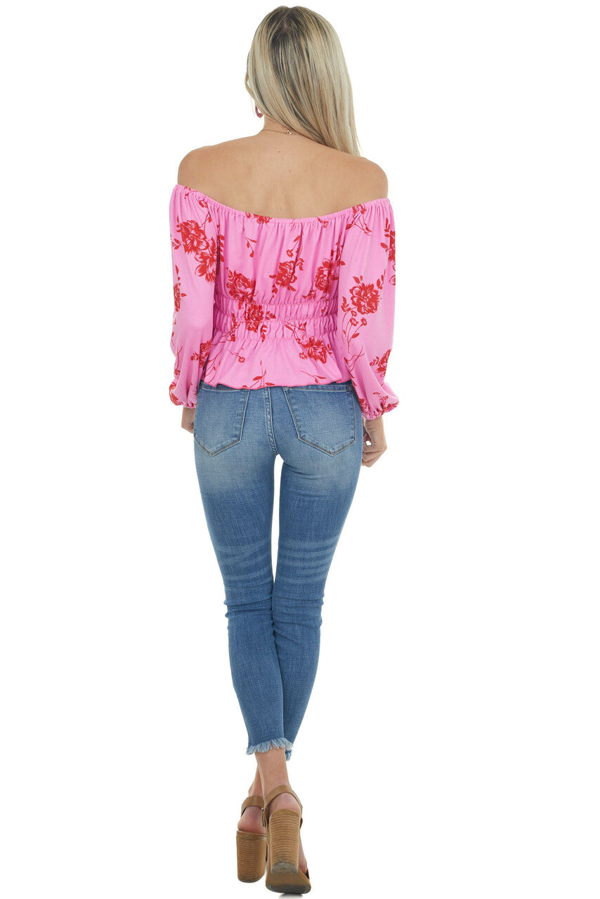 Hot Pink and Red Floral Print Off the Shoulder Knit Top