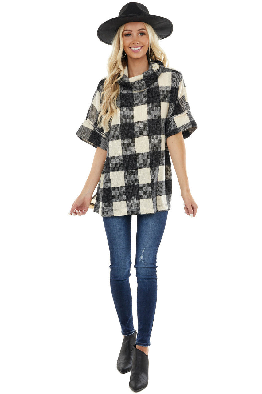 Charcoal and Cream Buffalo Plaid Oversize Top with Cowl Neck 