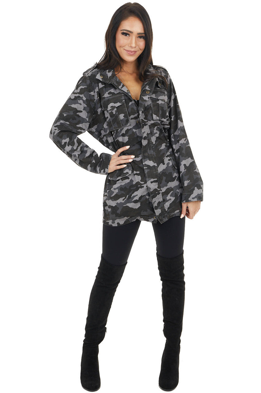 Charcoal Grey Camo Print Cargo Jacket with Pockets