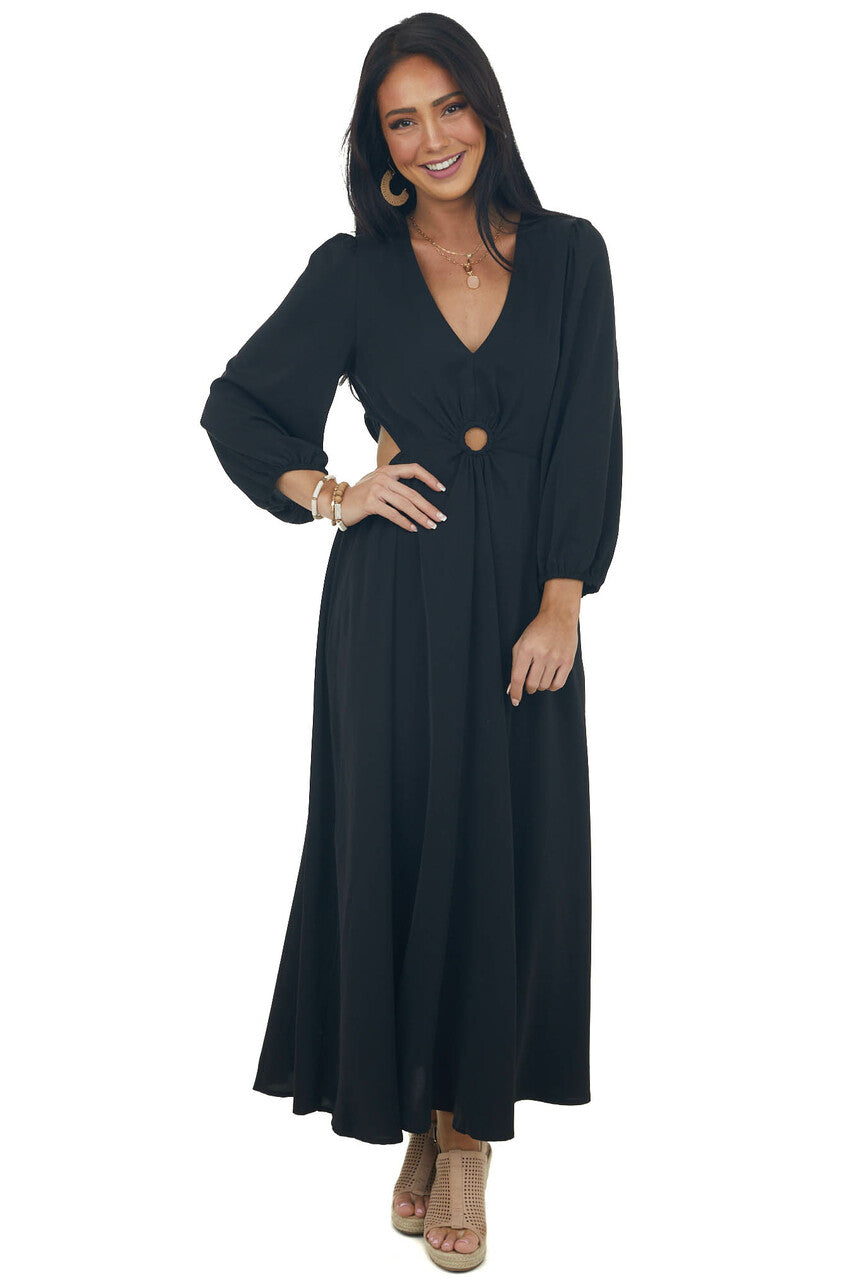 Black Waist Cut Out Ring Detail Maxi Dress