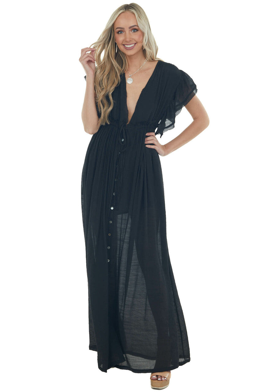 Black Button Front Plunging V Neck Maxi Dress 