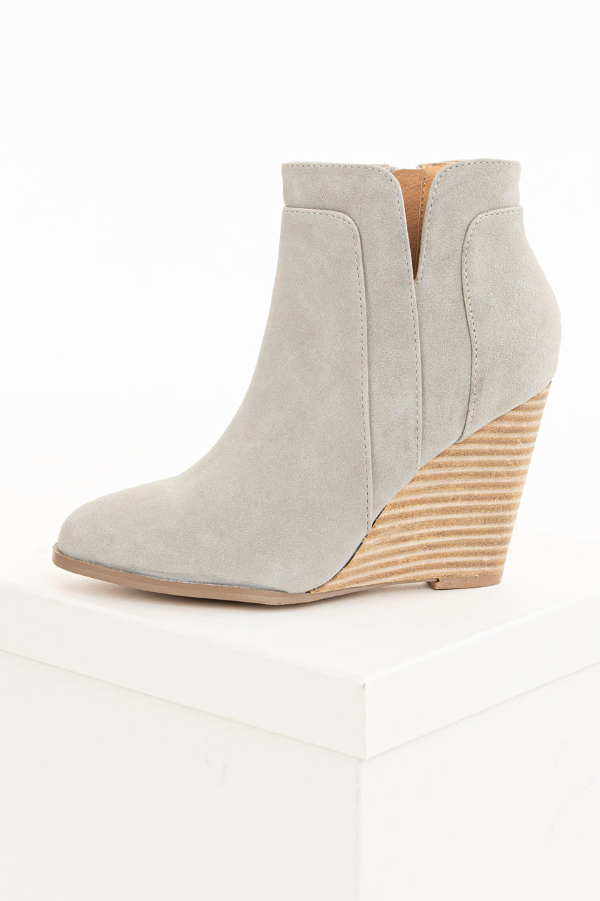 Clay Grey Faux Suede Stacked Wedge Bootie 