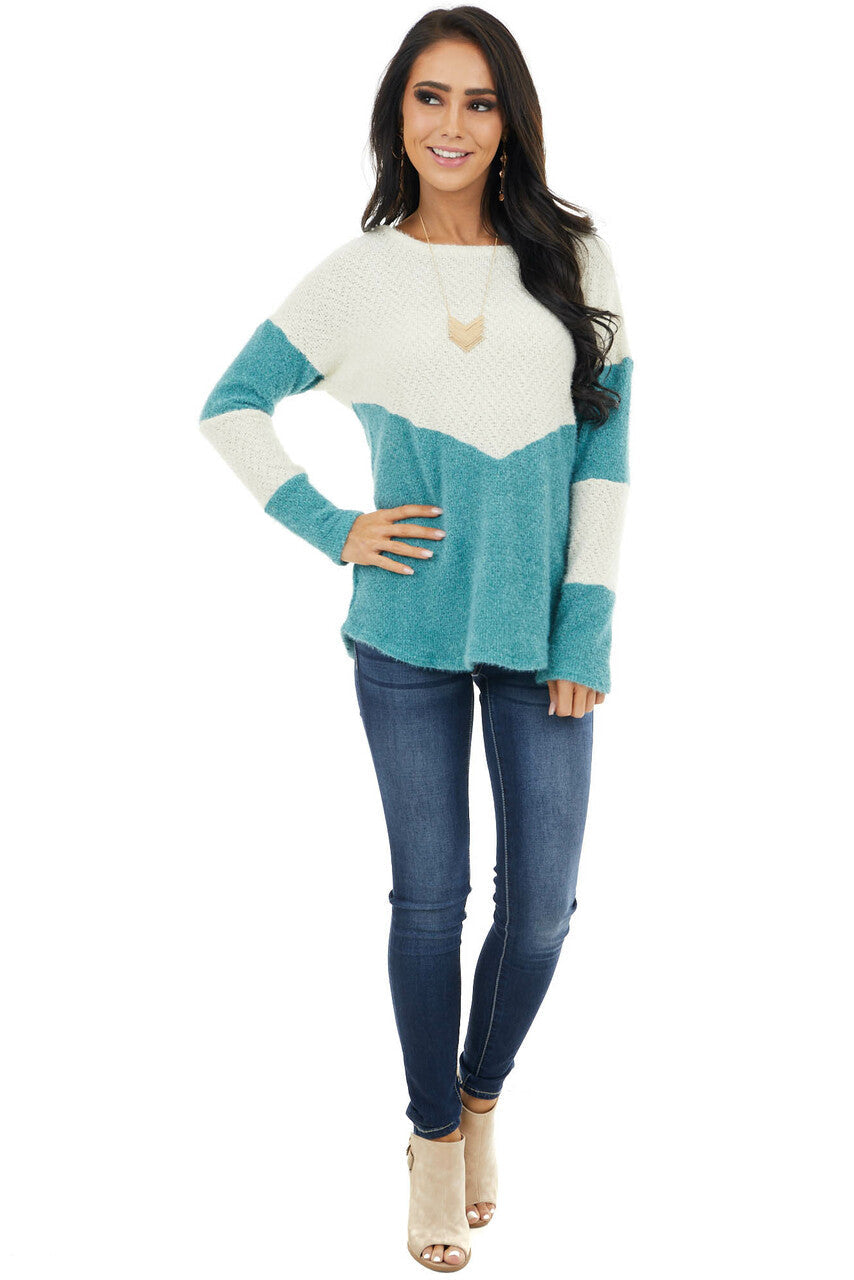 Teal and Cream Colorblock Sweater with Loose Knit Detail