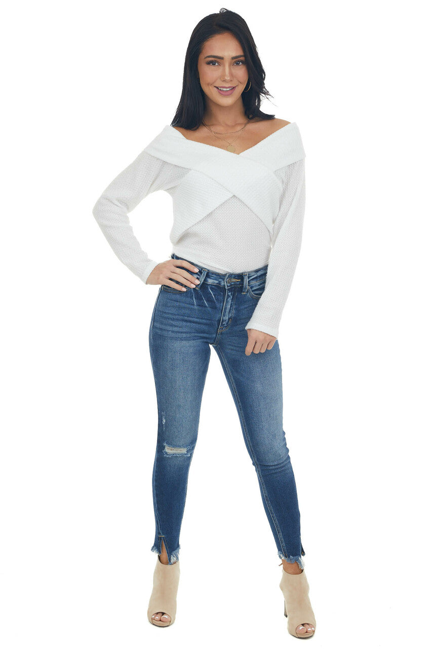 Ivory Criss Cross Brushed Waffle Knit Top