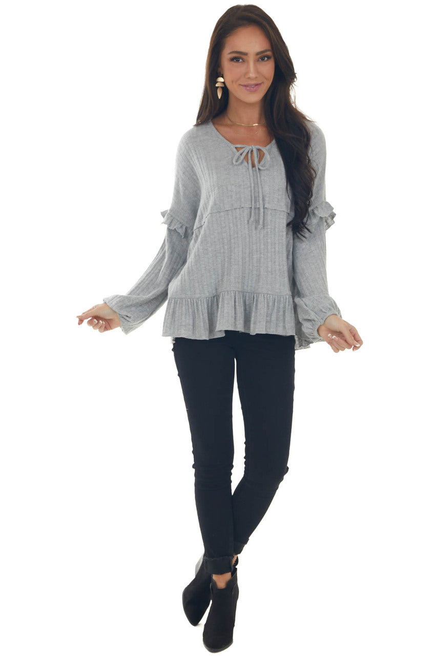 Dove Grey Ribbed Knit Long Sleeve Ruffle Top with Front Tie