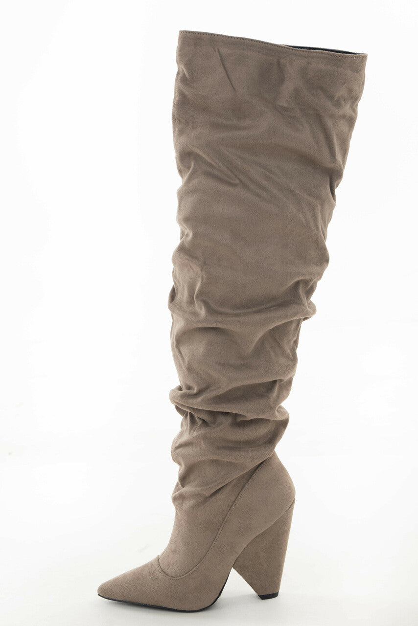 Khaki Suede Knee High Slouchy Heeled Boots