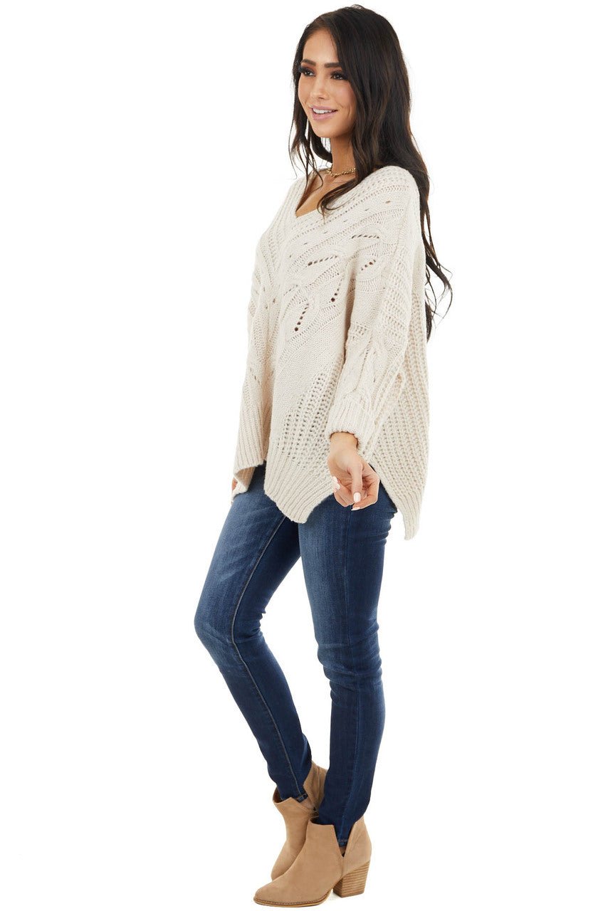 Cream Oversized Cable Knit Sweater with Side Slits