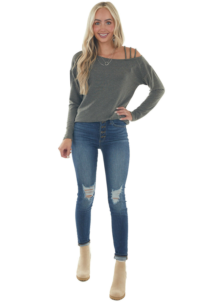 Faded Olive Ribbed Strappy Shoulder Knit Top