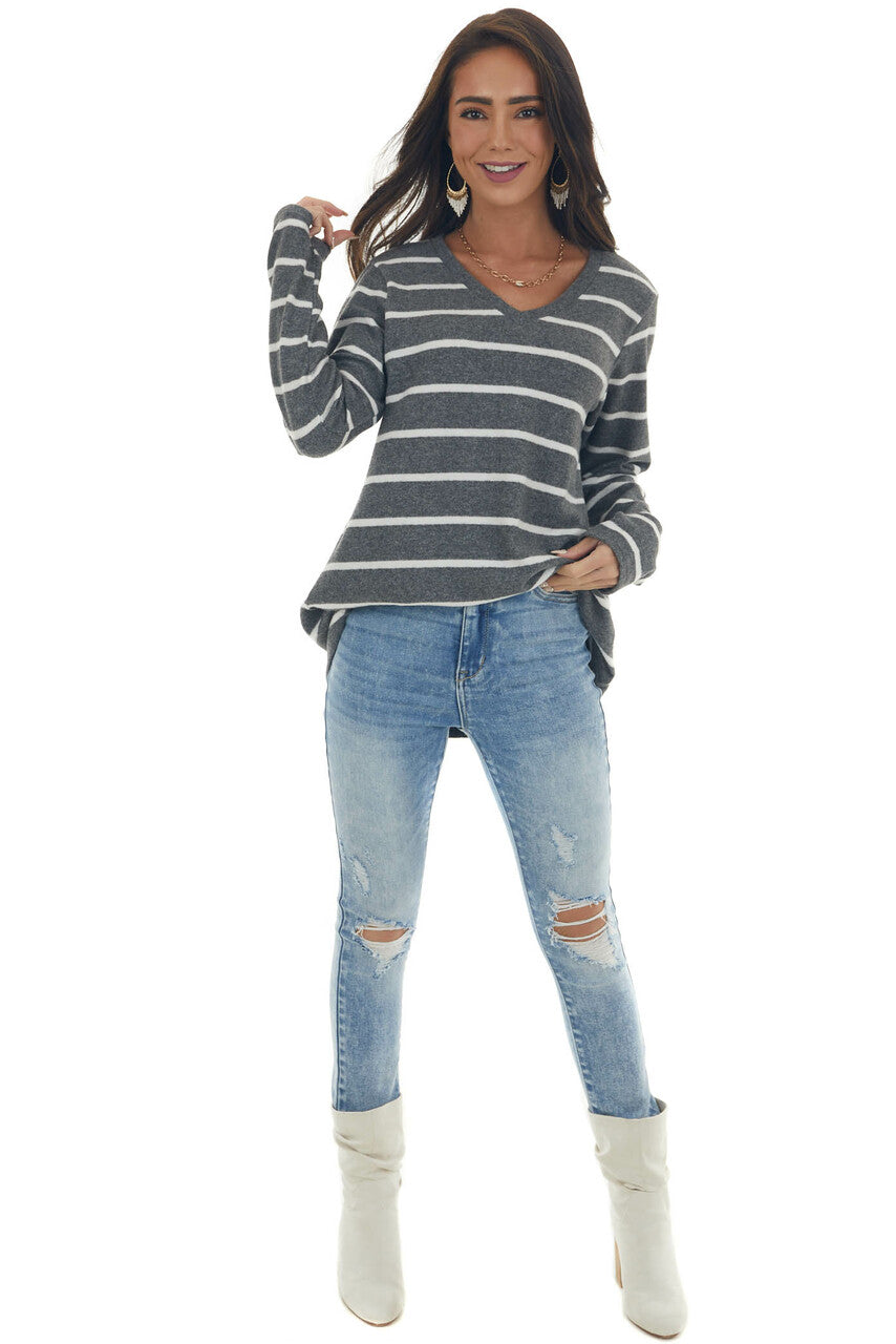 Graphite Striped Brushed Knit V Neckline Top 