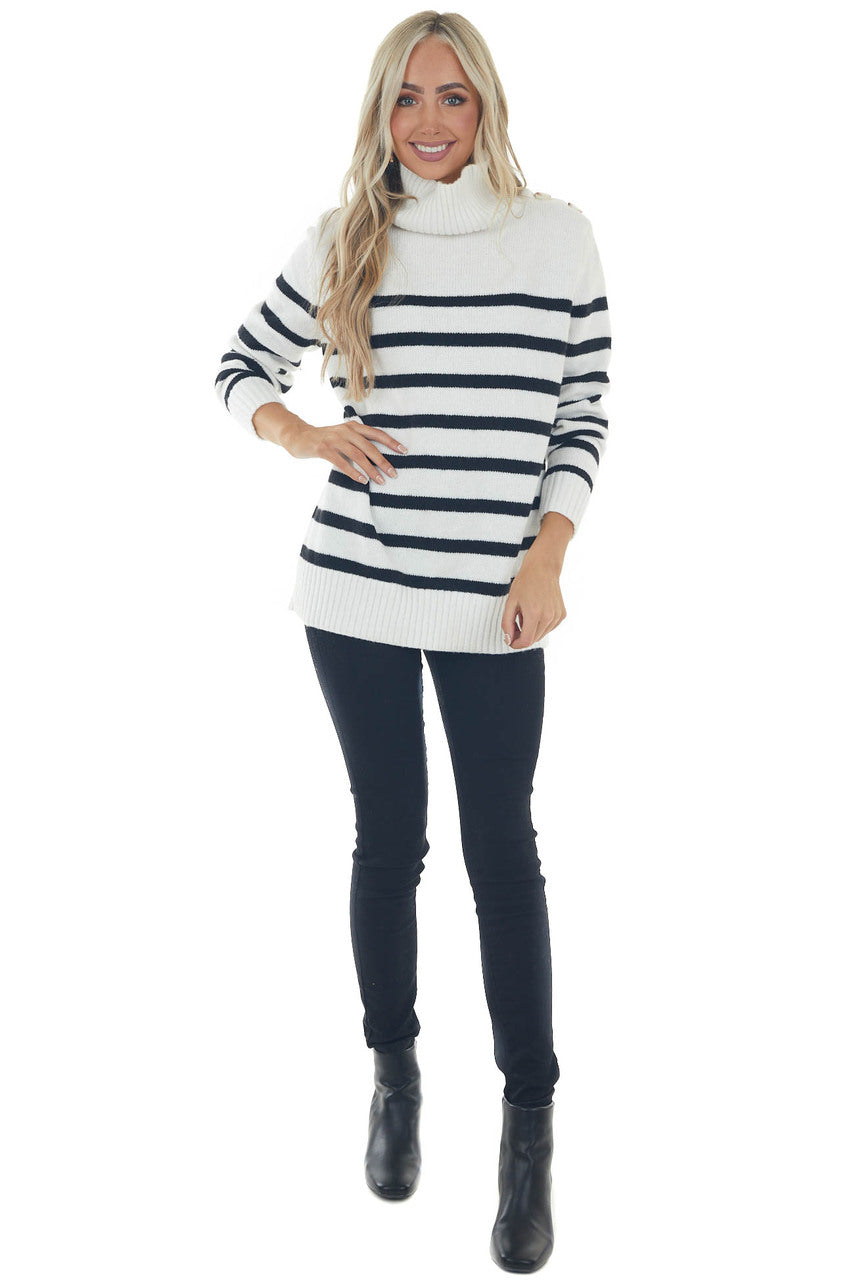 Off White Striped Side Button Up Neck Sweater