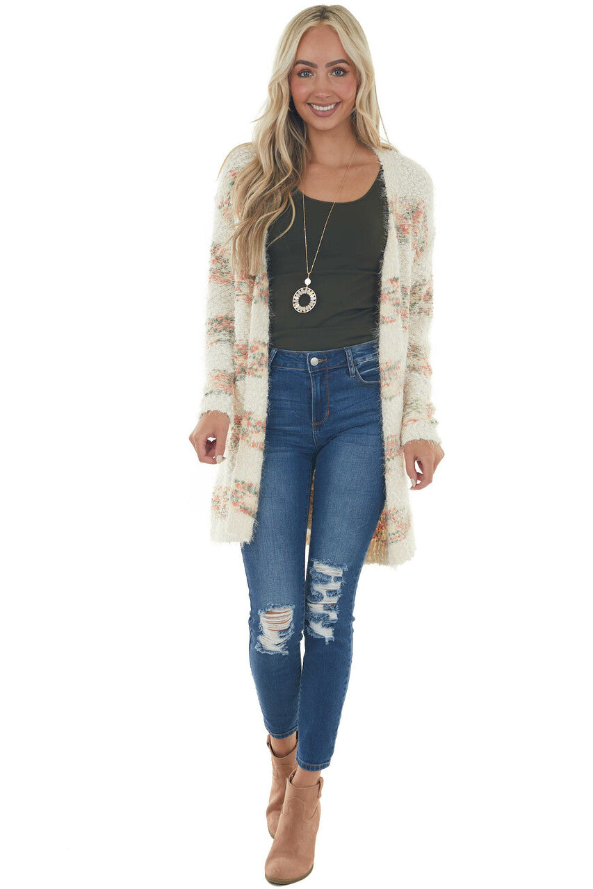 Cream Striped Open Front Popcorn Knit Cardigan 