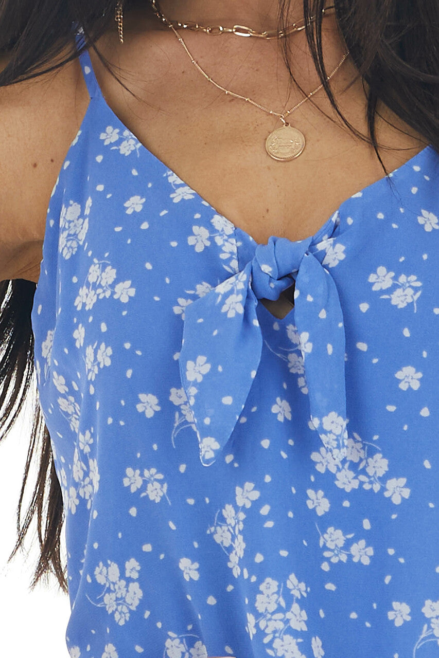 Cornflower Floral Print Sleeveless Blouse with Tie Detail 