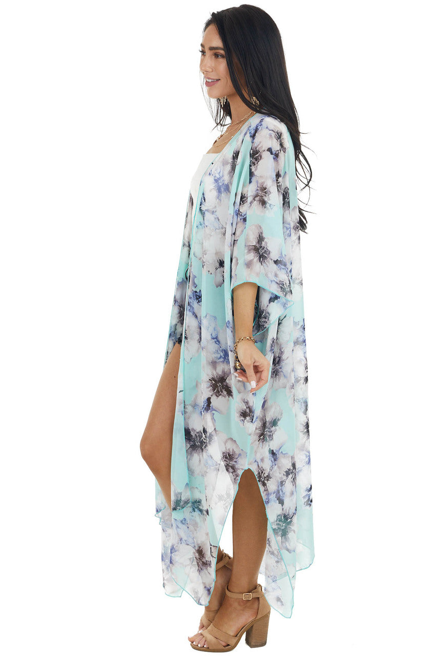 Mint Floral Print Short Sleeve Kimono with Side Slits