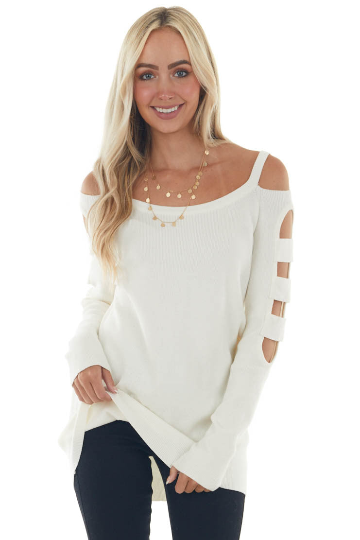 Ivory Ribbed Knit Sweater with Cut Out Sleeves 
