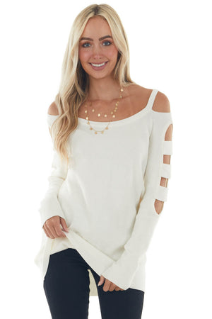 Ivory Ribbed Knit Sweater with Cut Out Sleeves 