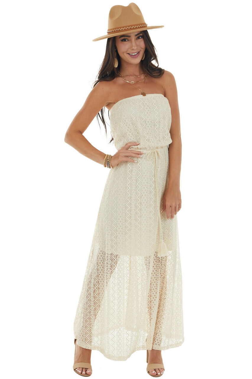 Champagne Strapless Front Tie Lace Maxi Dress 