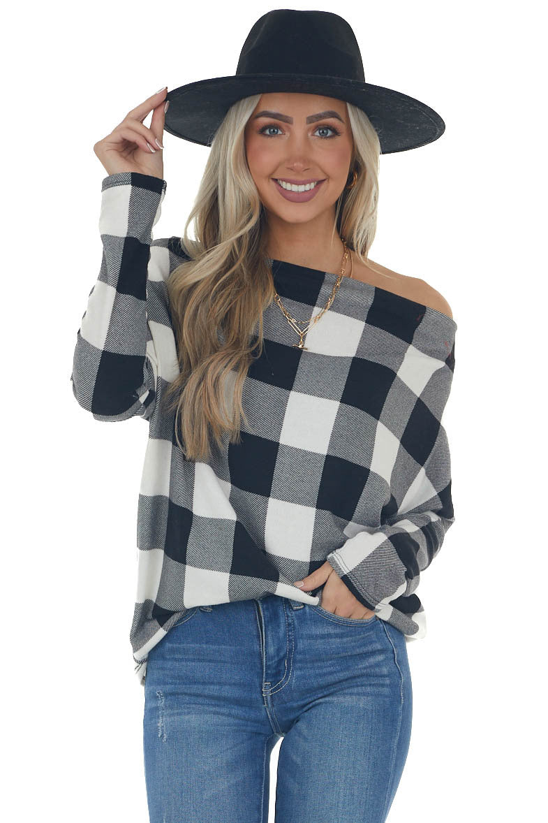 Black Buffalo Plaid Off Shoulder Knit Top 
