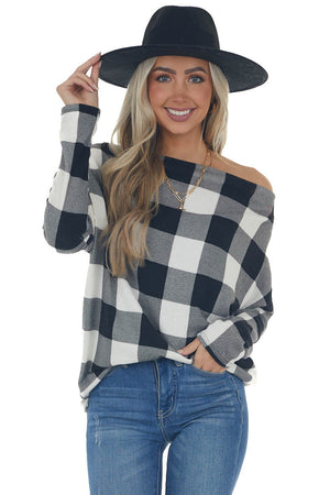 Black Buffalo Plaid Off Shoulder Knit Top 