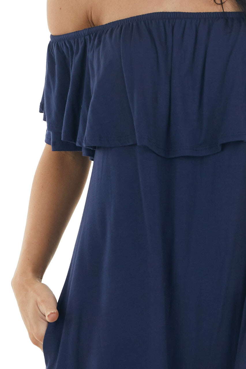 Navy Off the Shoulder Mini Dress with Ruffle Overlay
