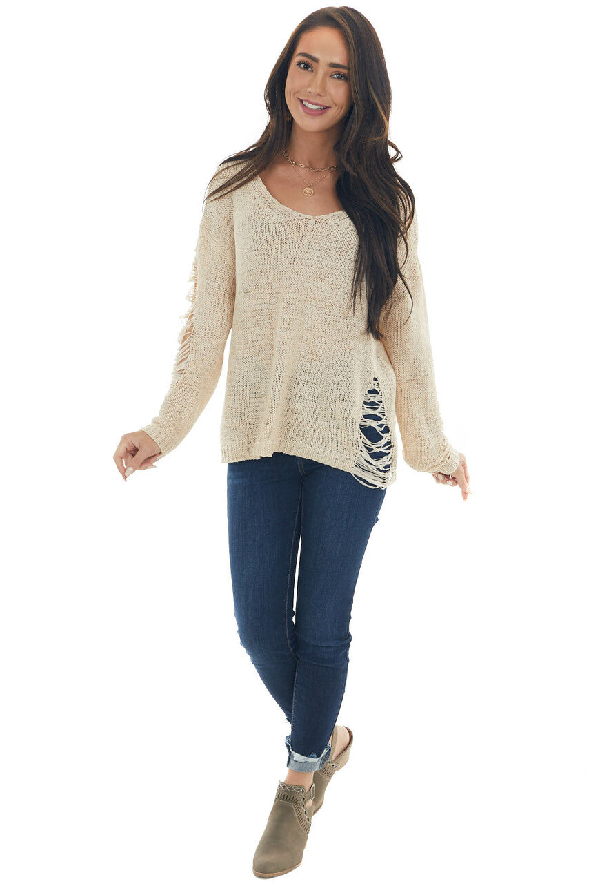 Sand Lightweight Heavily Distressed Sweater