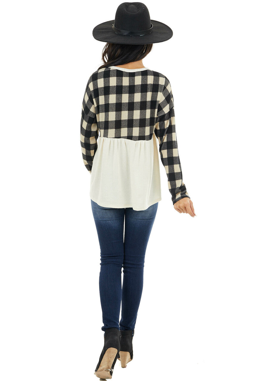 Black and Cream Buffalo Plaid Babydoll Top with Long Sleeves