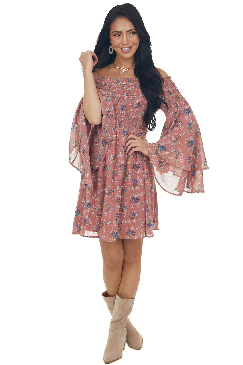 Rose Taupe Floral Print Long Sleeve Off the Shoulder Dress