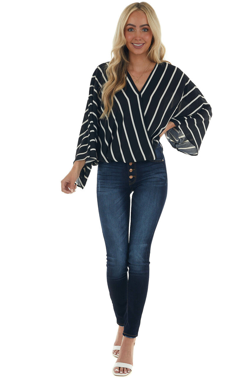 Black and Ivory Striped Surplice Neck Blouse