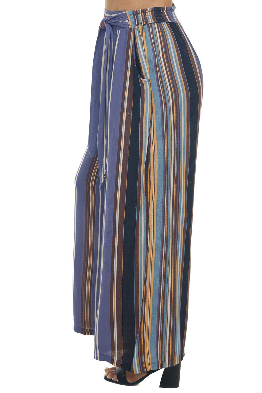 Dusty Blue Striped Pants with Elastic Waist