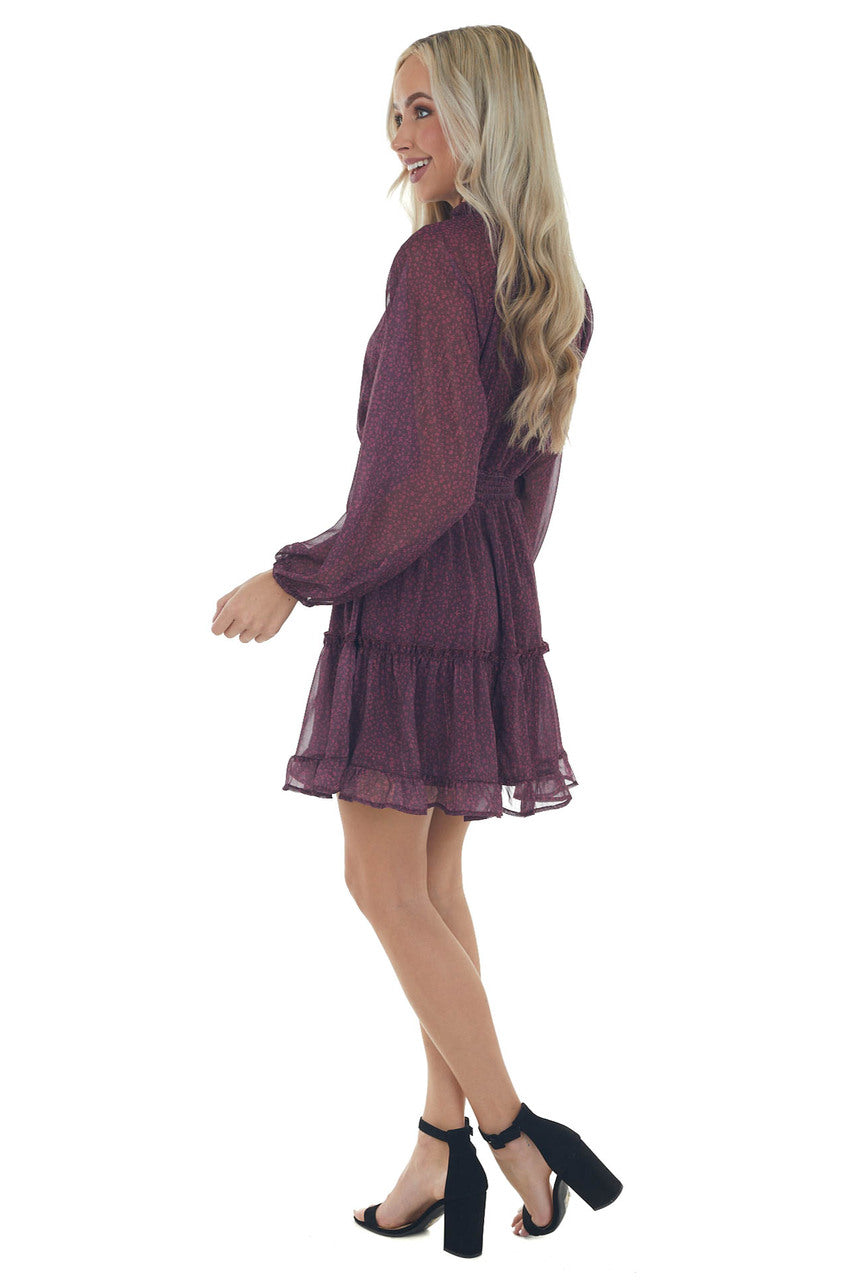 Berry Ditsy Floral Smocked Mock Neck Dress