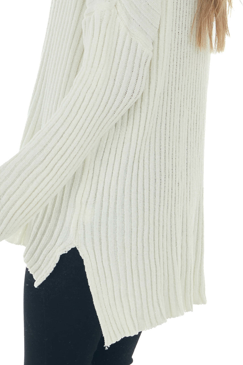 Cream Chenille Ribbed Cowl Neck Sweater