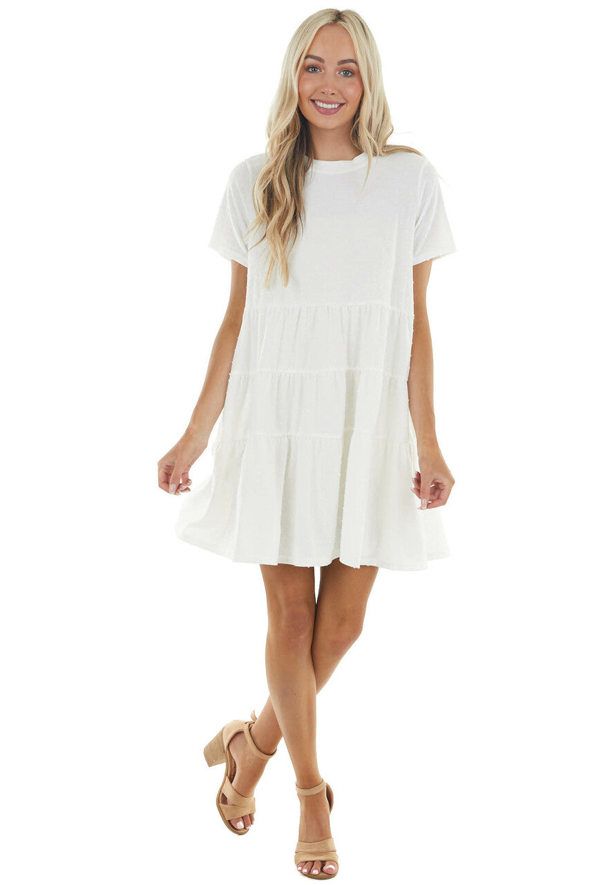 Off White Drop Waist Swiss Dot Knit Dress with Tiered Detail