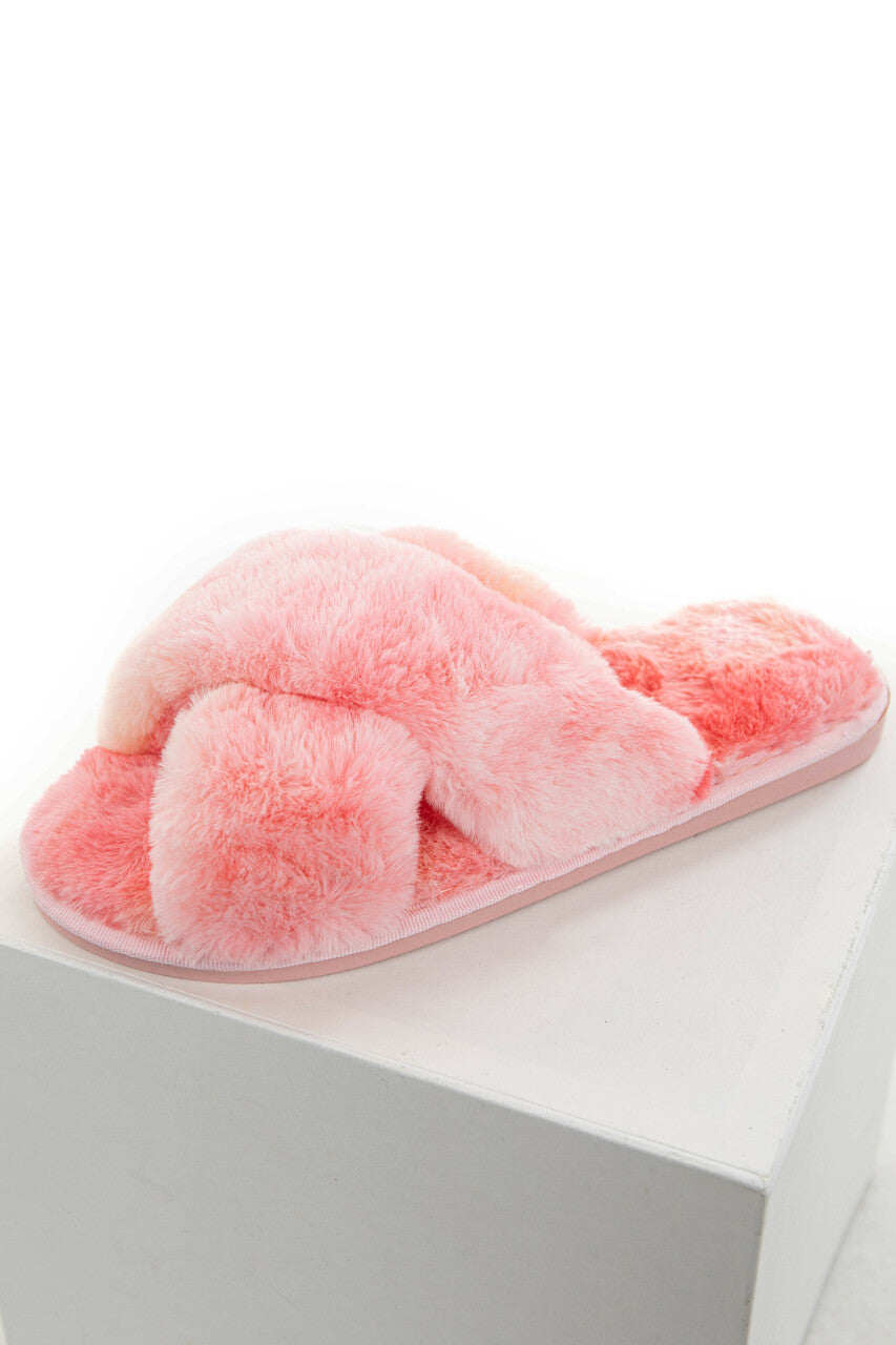 Pink Tie Dye Soft Fuzzy Slippers with Criss Cross Straps 